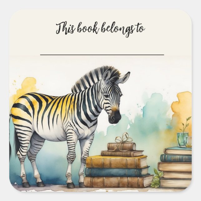 Quadrado Adesivo de zebra e livros editáveis (Frente)