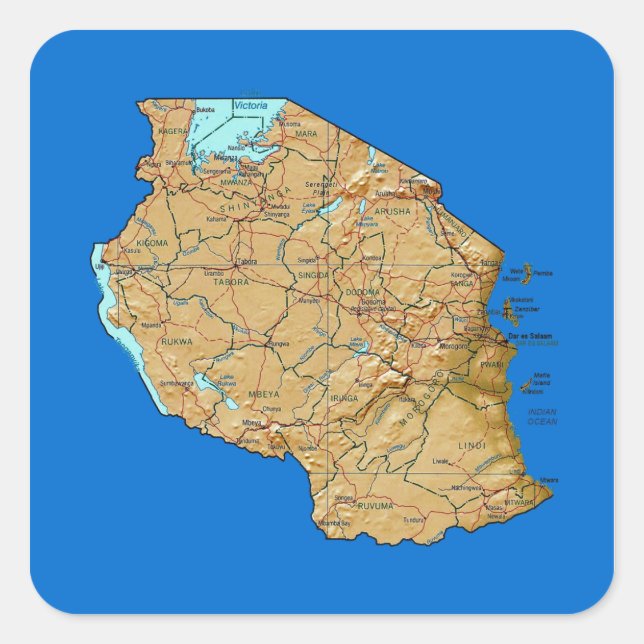 Quadrado Adesivo do Mapa da Tanzânia (Frente)