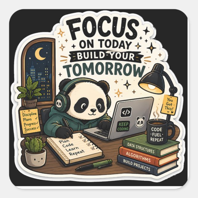 Quadrado Adesivo do Panda Codificador | Foque no Hoje e Con (Frente)