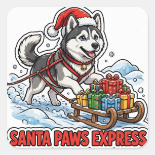 Quadrado Adesivo do Santa Paws Express — Husky com Chapéu d
