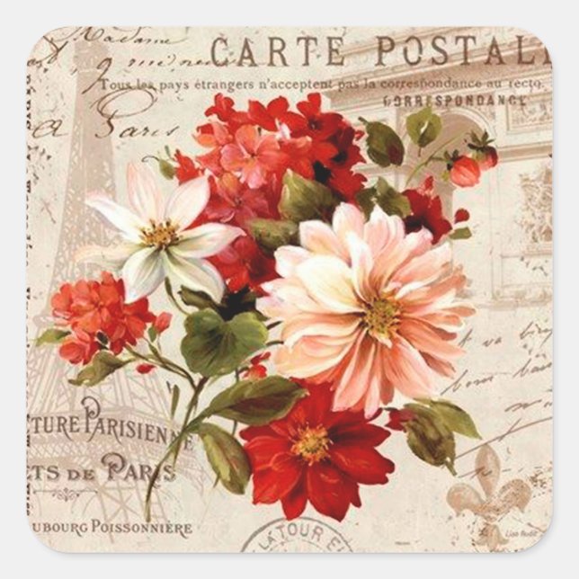 Quadrado Adesivo elegante de flores florais vintage (Frente)