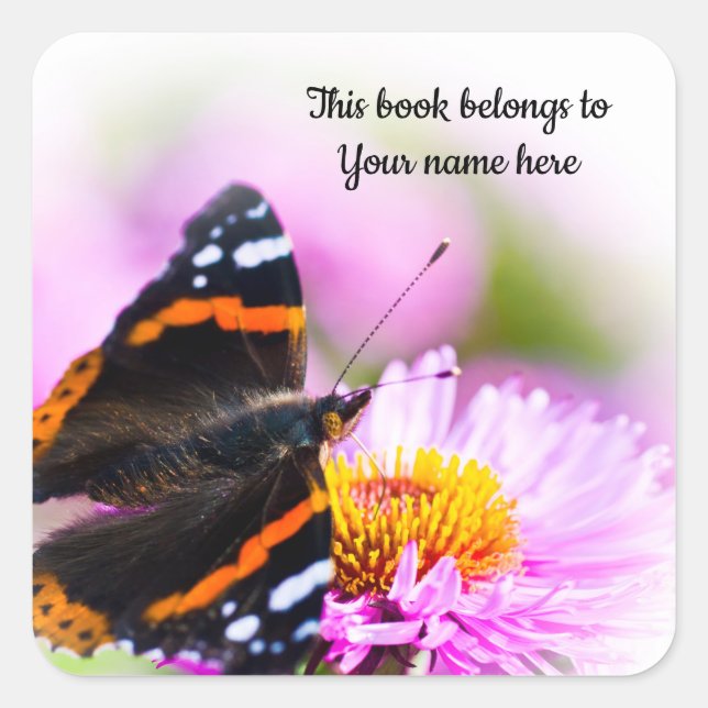 Quadrado Adesivo "Este livro pertence a" da borboleta (Frente)