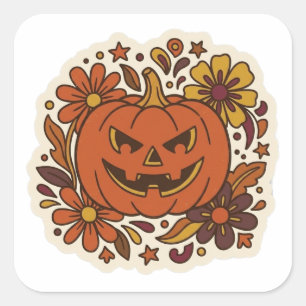Quadrado Adesivo Floral de Halloween com Abóbora Retro dos