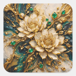 Quadrado Adesivo Floral Luxuoso de Lótus Esmeralda e Dourad