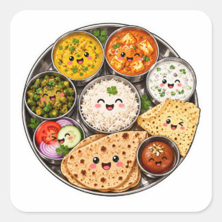 Quadrado Adesivo Kawaii Thali Indiano, Prato de Comida Indi