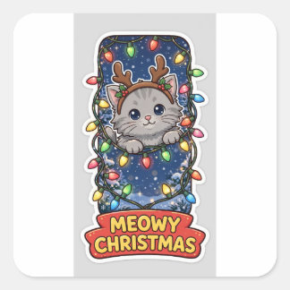 Quadrado Adesivo Meowy Natal — Antílope Rena Gatinho Cinza