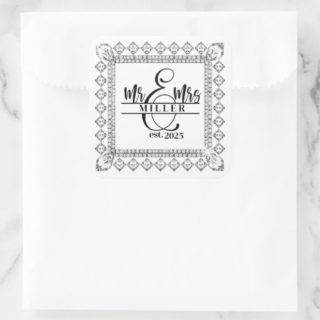Quadrado Adesivo Nome Personalizado Sr. & Sra. (Bolsa)