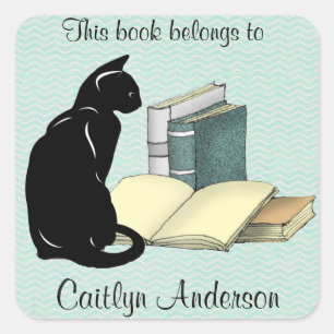Quadrado Adesivo Personalizado de Gato e Livros