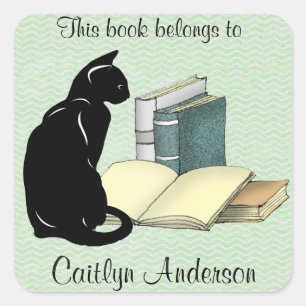 Quadrado Adesivo Personalizado de Gato e Livros
