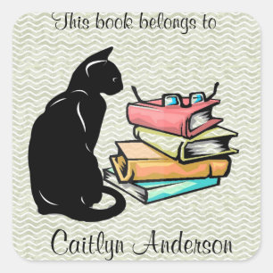 Quadrado Adesivo Personalizado de Gato e Livros