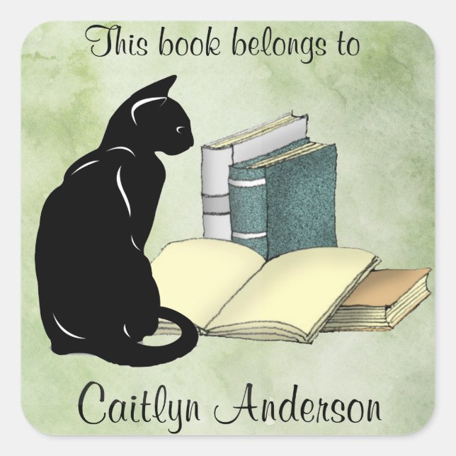 Quadrado Adesivo Personalizado de Gato e Livros (Frente)