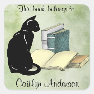 Quadrado Adesivo Personalizado de Gato e Livros