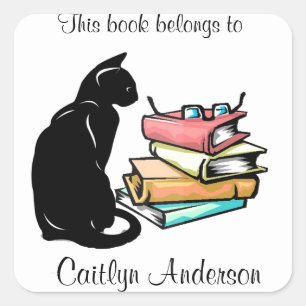 Quadrado Adesivo Personalizado de Gato e Livros