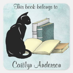 Quadrado Adesivo Personalizado de Gato e Livros