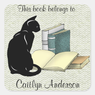 Quadrado Adesivo Personalizado de Gato e Livros