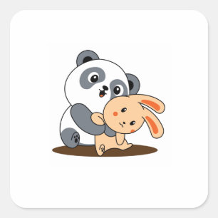 Quadrado Adesivo Personalizado de Panda e Coelho Abraçados 