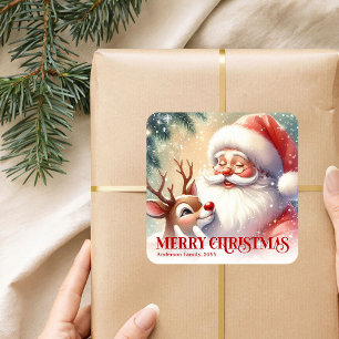 Quadrado Adesivo Personalizado de Papai Noel e Rudolph Toca