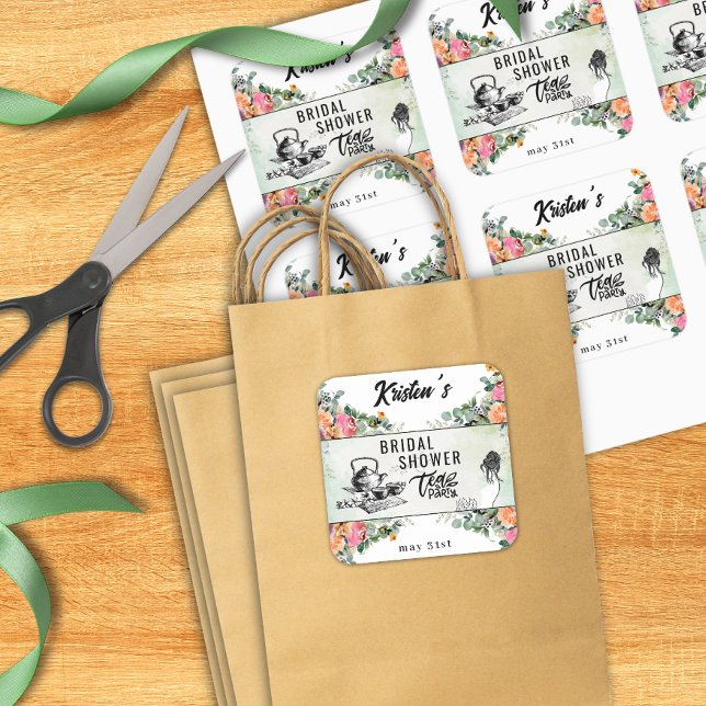 Quadrado Adesivo Personalizado Festa de Chá de Noiva (Criador carregado)