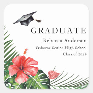 Quadrado Adesivo redondo de formatura tropical Hibisco Verm