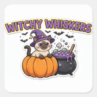 Quadrado Adesivo Witchy Whiskers — Gato Siames com Chapéu d