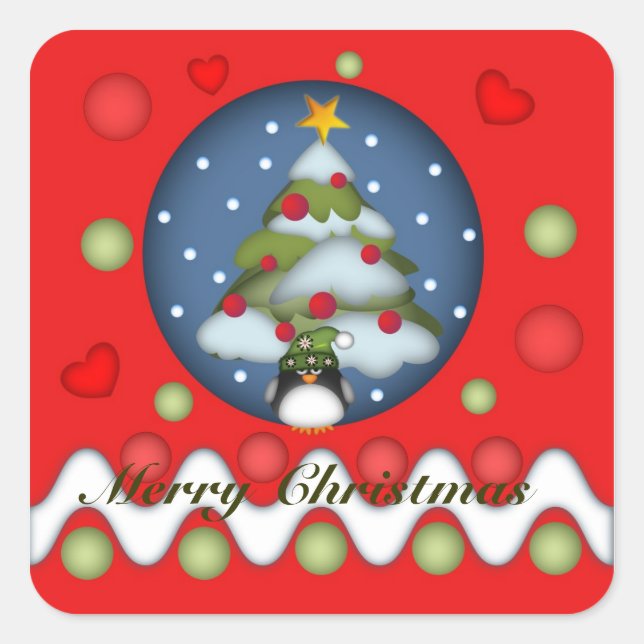 Quadrado Adesivo Xmas bonito com árvore, pinguim e texto (Frente)