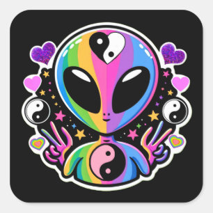 Quadrado Adesivo Yin Yang Alien Arco-íris Símbolo da Paz