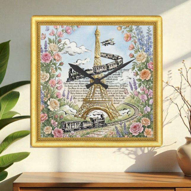 Quadrado Amo Relógio de Paris, Torre Eiffel, Arte Francesa (Paris, Eiffel Towel & Dreamy French Art Clock / Romantic)