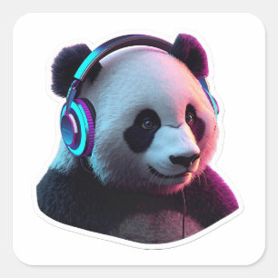 Quadrado Arte de Adesivo de Jogos com Panda Neon 3D e Fones