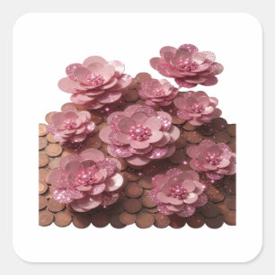 Quadrado Arte de Adesivo Prata FLORES ROSAS E MOEDAS da Mod