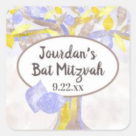 Quadrado Árvore azul e amarela do adesivo do Bat Mitzvah