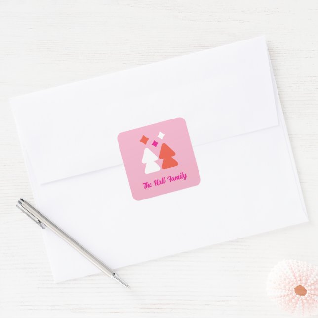 Quadrado Árvores e Brilhos Adesivo Laranja e Rosa (Envelope)