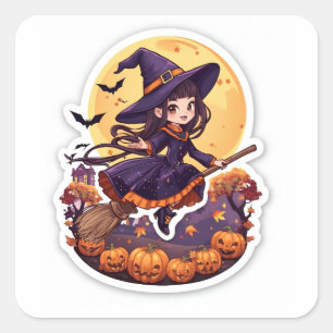 Quadrado Bruxa Fashion e Adesivo de Halloween de Abóbora