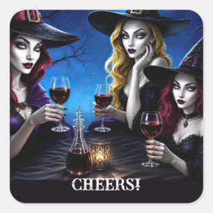 Quadrado Bruxas de Halloween e Vinho Adesivo Fofo