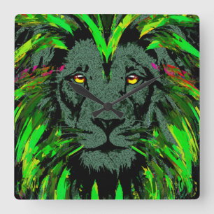 Quadrado Cabeça de Leão Verde - Relógio de Leão - Retrato d