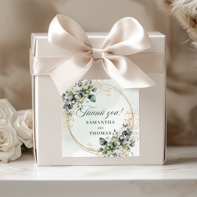 Quadrado Caixa de Presente Boho Verde Poeirento com Adesivo (Boho Dusty Green Gift Box Botanical Gold Stickers)