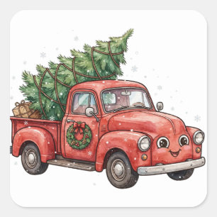 Quadrado Caminhão de árvore de Natal vintage adesivo vermel