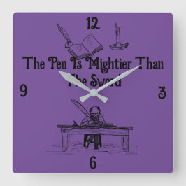 Quadrado 'Caneta Mais Pesada Que A Espada' Relógio De Pared