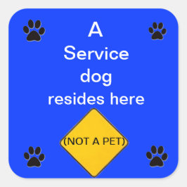 Quadrado Cão de serviço vive aqui o adesivo azul