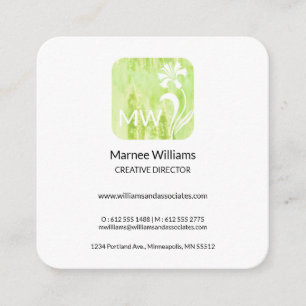 Quadrado Cartão de visita de Aquarela Verde e Flor Branco