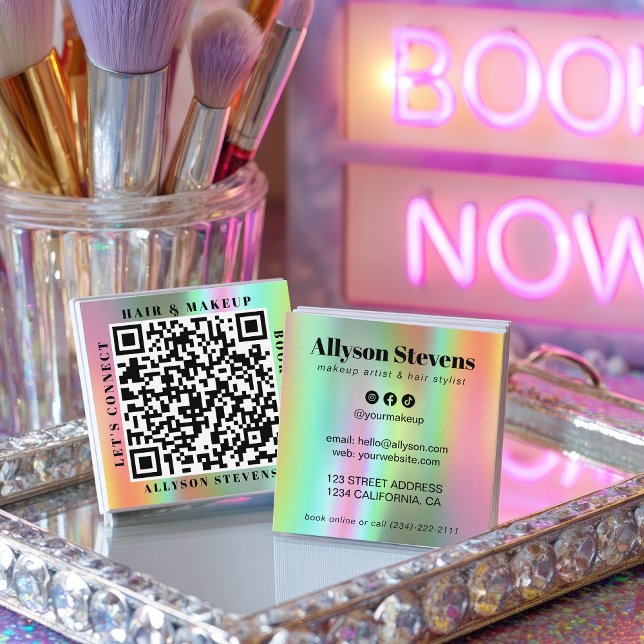 Quadrado Cartão de Visita de Cabelo e Maquiagem com Código  (Holographic Rainbow Bold QR Code Hair & Makeup Square Business Card)