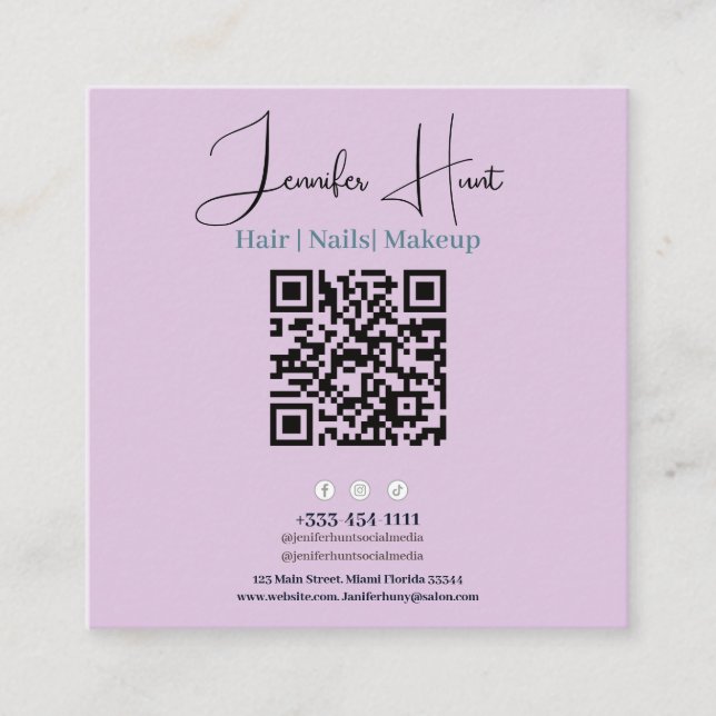 Quadrado Cartão de visita de código QR mínimo roxo-cônico (Frente)
