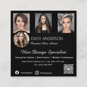 Quadrado Cartão de visita de Hairstylist elegante preto: