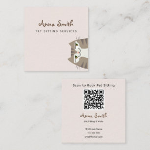 Quadrado Cartão de Visita de Pet Sitter Beige QR Elegante