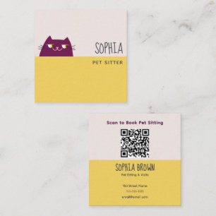 Quadrado Cartão de Visita de Pet Sitter QR Amarelo Gatinho 