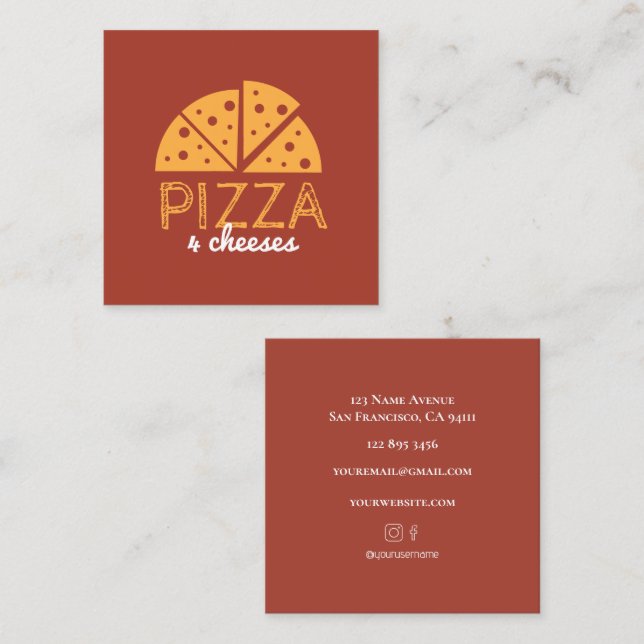 Quadrado Cartão de Visita de Pizzaria com Design Simples Ve (Frente/Verso)