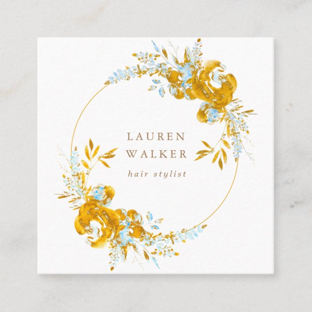Quadrado Cartão de Visita floral azul dourado elegante (Frente)