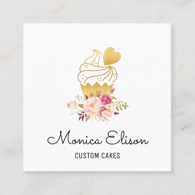 Quadrado cartão de visita personalizado floral cupcake (Frente)