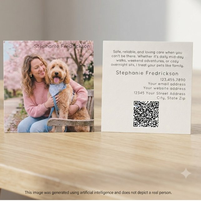 Quadrado Cartão de Visita QR Code Foto de Cães Cuidador Pas (Square dog sitter business card featuring a friendly pet photo template for local dog walkers.)