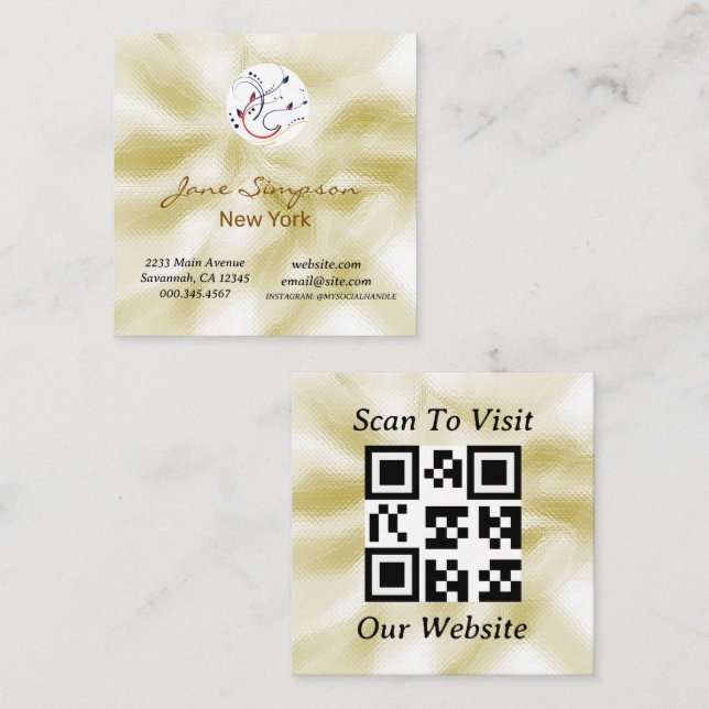Quadrado Cartão de Visita QRCode com Logo Dourado Perolado  (Frente/Verso)