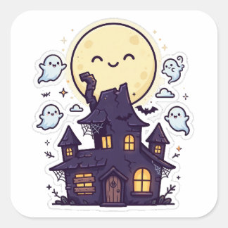 Quadrado Casa Assombrada Fofa Adesivo de Halloween Lua Chei